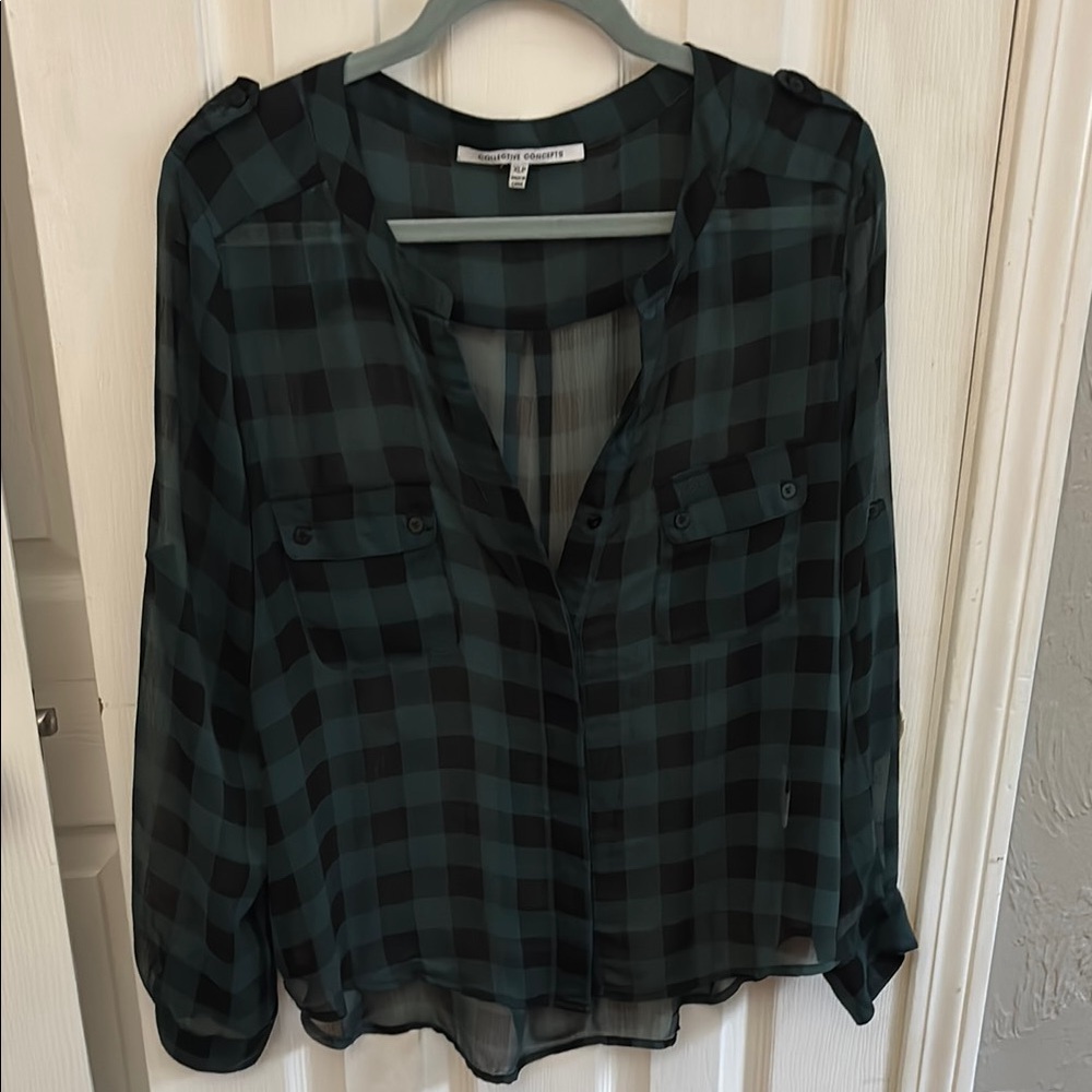Sheer Plaid Button-Up Blouse - Green